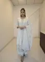 Klozee Premium Women Pearl White Silk Blend Zari Embroidered Kurta Palazzo Dupatta Set